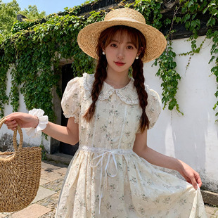 刺绣碎花娃娃领连衣裙夏小清新公主裙初高中大学生甜美气质中长裙