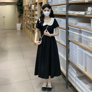 少女甜美气质娃娃领连衣裙夏新款初高中大学生复古法式黑色中长裙