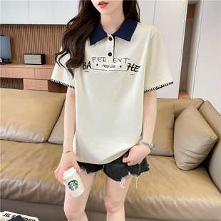 洋气棉质短袖T恤女夏新款潮流ins时尚初高中学生宽松休闲翻领上衣