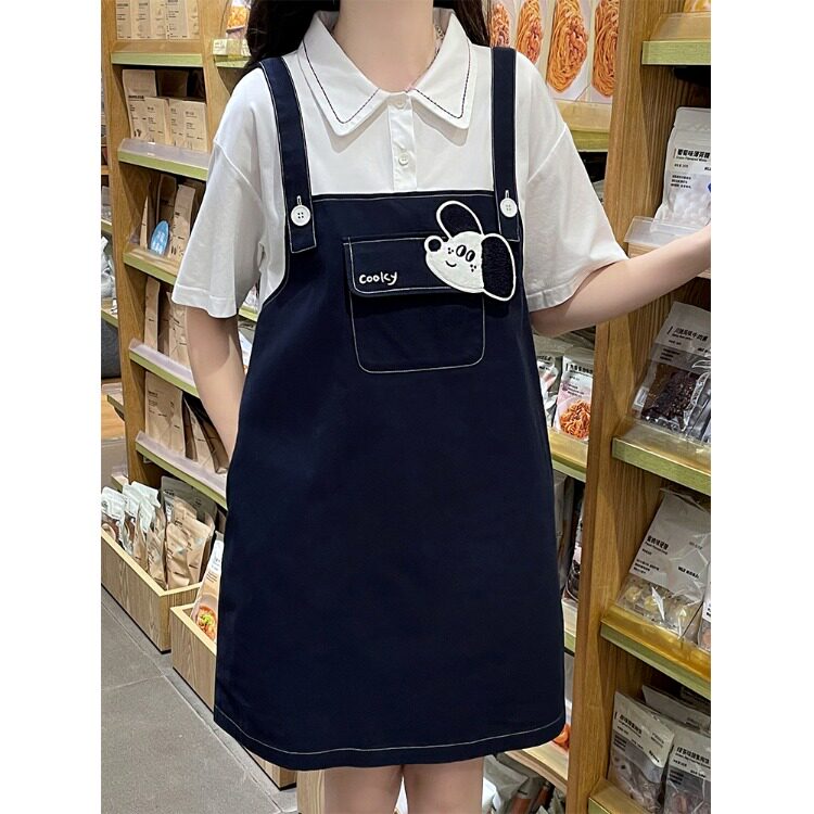少女洋气可爱假两件背带裙夏新款初高中学生潮流ins时尚A字连衣裙