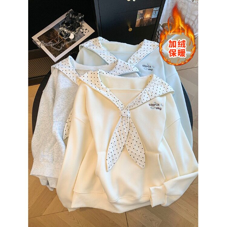 冬季加绒加厚学院风卫衣女初高中学生洋气减龄一体婴儿绒卫衣外套