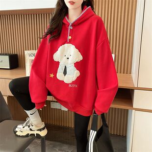 初中女生纯棉银狐绒卫衣宽松时尚高中学生卡通刺绣加绒加厚连帽衫