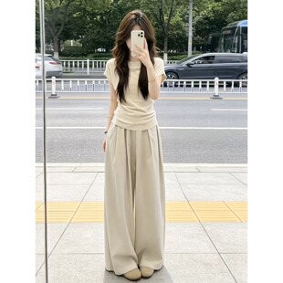 韩系爆款穿搭一整套装女初高中大学生夏季时尚T恤阔腿长裤两件套
