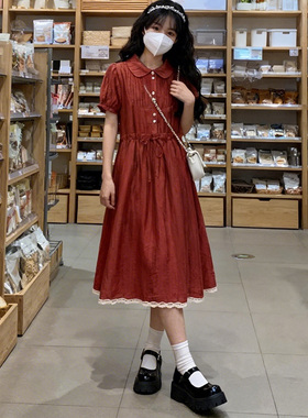 复古红色娃娃领连衣裙夏新款少女初高中学生甜美气质学院风中长裙