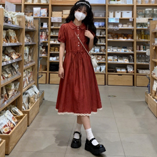 复古红色娃娃领连衣裙夏新款少女初高中学生甜美气质学院风中长裙