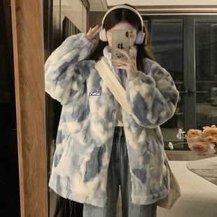 高中女生甜美毛茸茸棉衣服外套冬初中学生加绒加厚羊羔绒毛呢棉袄