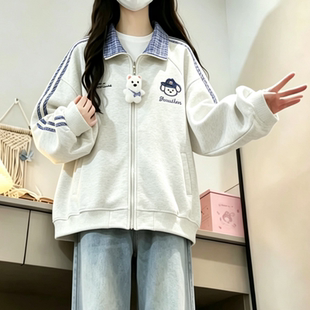少女宽松时尚加绒开衫卫衣秋冬新款初高中学生美式运动学院风外套