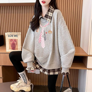 高中女生潮流宽松翻领卫衣春2026新款初中学生假两件学院风上衣秋