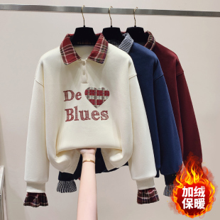 高中女生潮流加绒加厚翻领卫衣冬时尚初中学生宽松学院风上衣外套