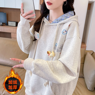 秋冬新款加绒加厚保暖卫衣女初高中学生宽松时尚学院风连帽衫卫衣