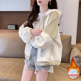 初中生加绒加厚短款开衫卫衣女潮流宽松高中学生秋冬休闲连帽外套