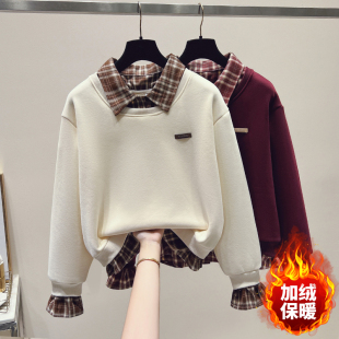 高中生学院风加绒加厚卫衣女宽松初中学生冬季假两件翻领上衣外套