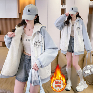冬季新款保暖羊羔毛外套女初高中学生洋气减龄韩系加绒加厚棉衣服
