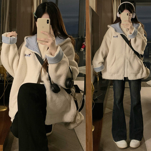 高中女生连帽羊羔毛外套冬季棉袄初中学生宽松减龄加绒加厚棉衣服