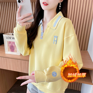 初中女生甜美休闲翻领卫衣秋冬新款高中学生时尚加绒加厚内搭上衣