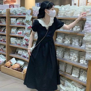 法式温柔气质连衣裙夏学院风黑色裙子初高中大学生甜美减龄中长裙