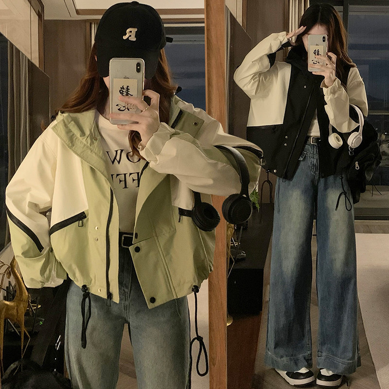 高中女生短款冲锋衣外套春秋薄款初中学生美式潮牌设计感工装夹克