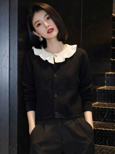 ZHOU买手店｜白色荷叶边娃娃领女士纽扣黑色短款针织开衫外套