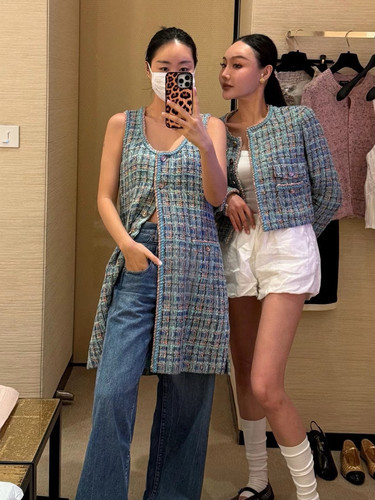 YB一致｜高定手工坊新款 深U领单排扣孔雀蓝粗花呢无袖连衣裙外套