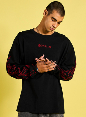 Pleasures Fiery Heavyweight Longsleeve 刺绣Logo双臂火焰T恤潮