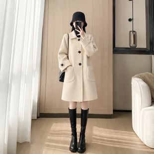 大衣双面羊绒女高级感小个子修身中长款2026秋冬米白色毛呢外套女