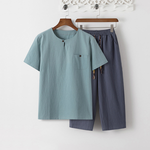 8086*夏季风唐装禅服棉麻短袖古风透气T恤套装男居仕服*P55