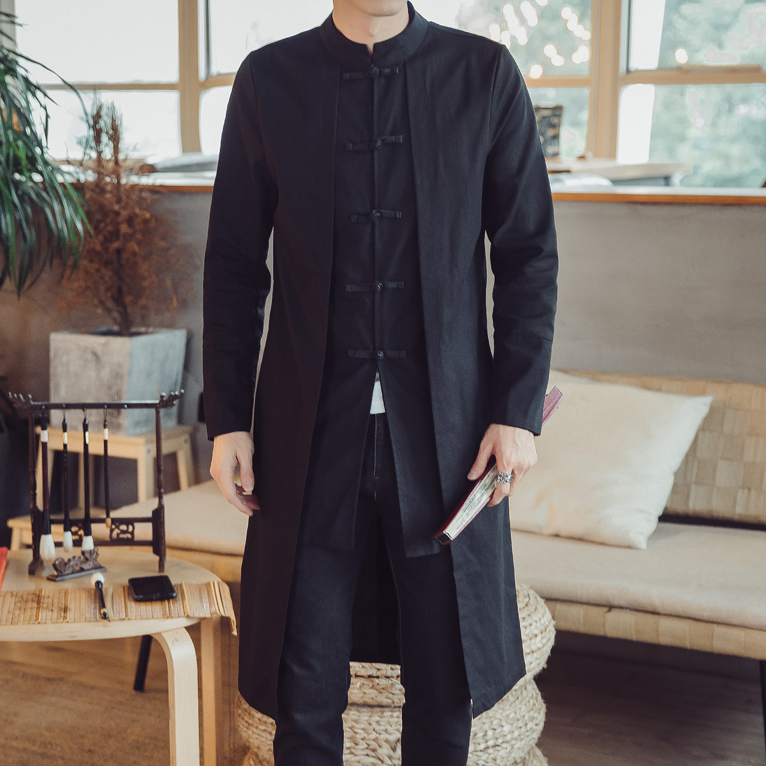 W201*风立领长款风衣盘扣绣花复古风外套潮禅服*P85,男装风衣,星座1516（原B303）