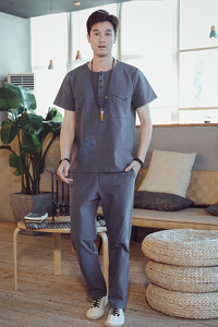 DY33* 夏季风男士棉麻短袖T恤套装长裤两件套装男 浅灰 *图片