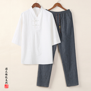 91058* 风暗纹提花中袖古风复古T恤男士禅服套装居仕服 *P105图片