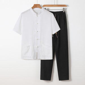 81678 * 风中老年男装夏汉服唐装居士服短袖衬衫套装 *P70图片
