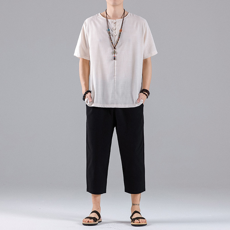 T813*夏季风唐装男士盘扣圆领短袖古风薄款T恤禅服*P30,男装T恤,星座1516（原B303）