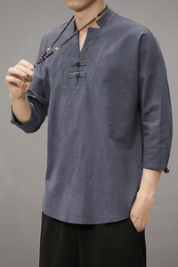 T819* 夏季风男士盘扣复古棉麻中袖古风中袖T恤衫 藏青 *图片