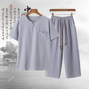 8086* 夏季风唐装禅服棉麻短袖古风透气T恤套装男居仕服 *P55图片