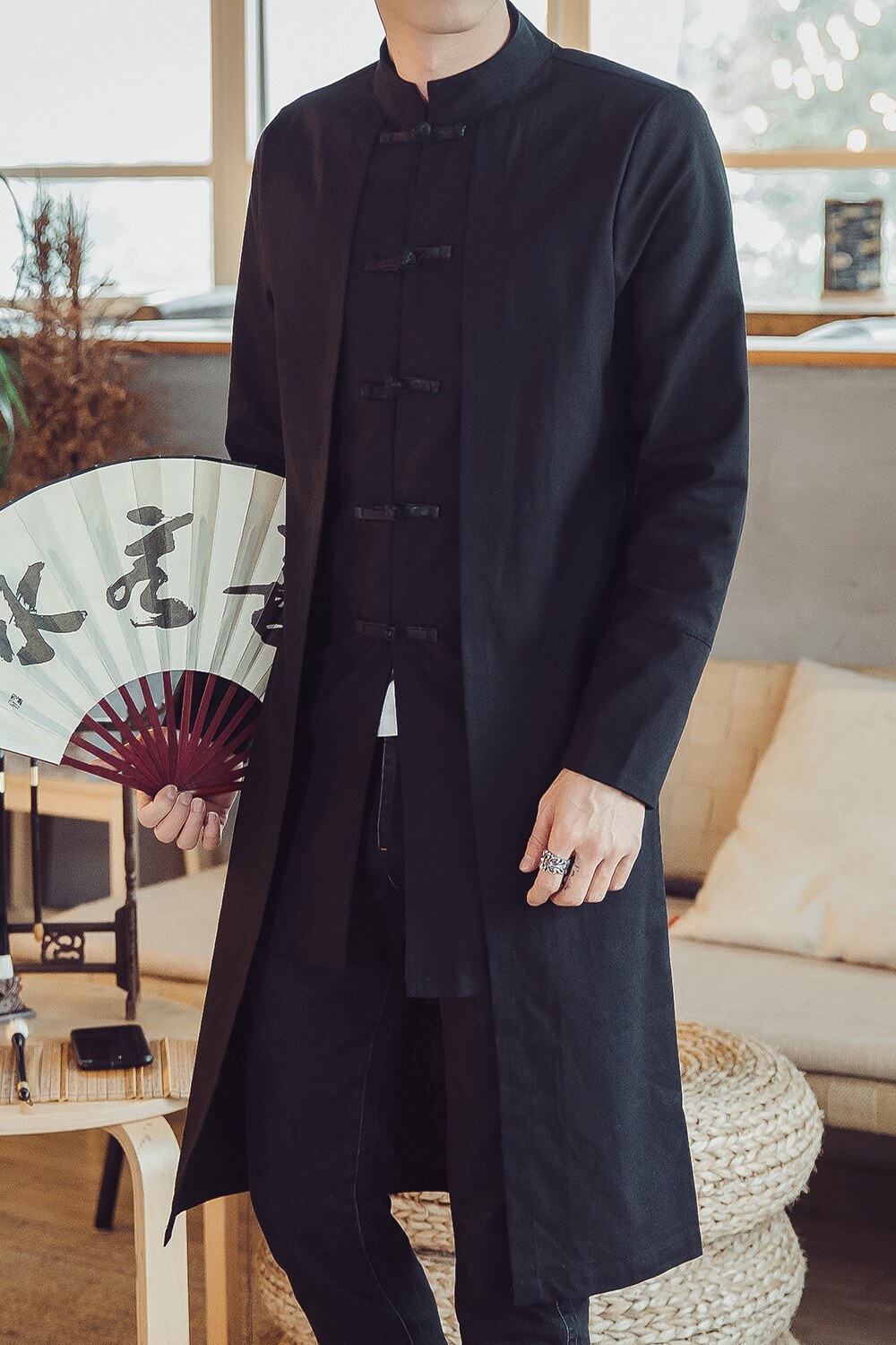 W201*风立领盘扣绣花修身长风衣复古风外套潮禅服*P85,男装风衣,星座1516（原B303）