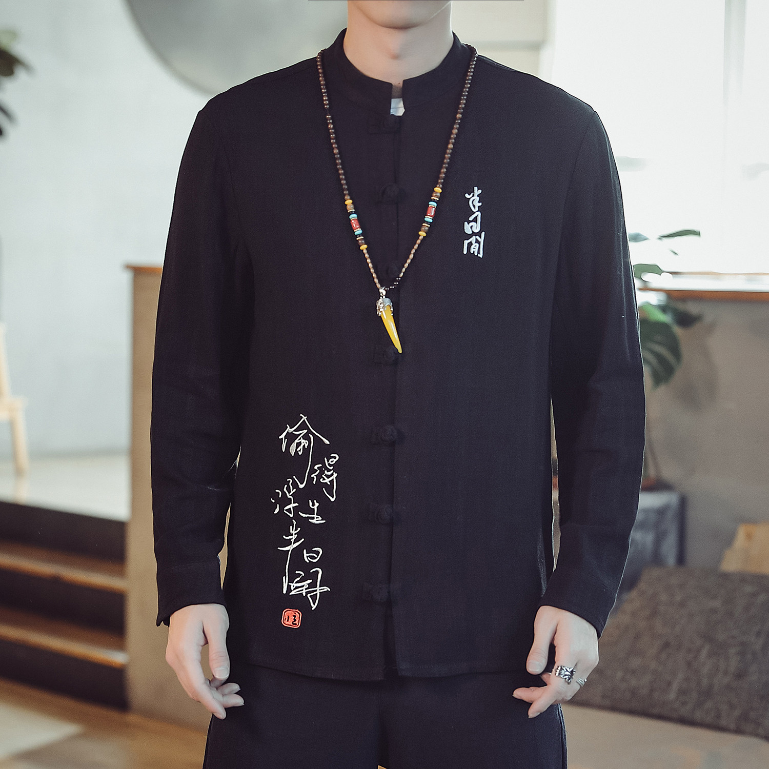 T88*2021男士长袖棉麻绣花修身休闲衬衣男麻料衬衫麻本色*,男装衬衫,星座1516（原B303）