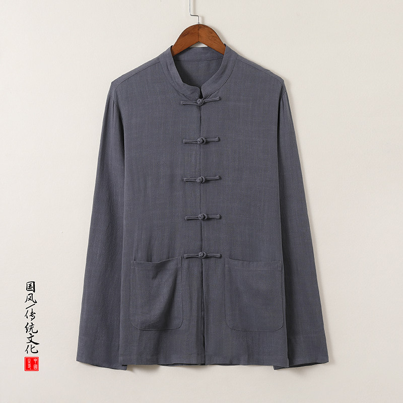 T922*风中式长袖立领棉麻衬衫复古唐装盘扣衬衣*P65,男装衬衫,星座1516（原B303）