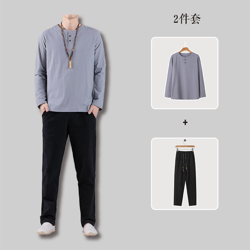81288*风立领复古棉质长袖T恤男古风两件套禅服居士服*P70,男装T恤,星座1516（原B303）