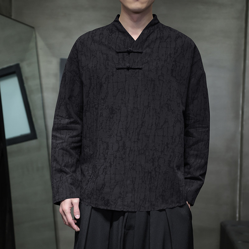 T920*风男士暗纹提花古风复古宽松棉长袖T恤禅服*P60,男装T恤,星座1516（原B303）