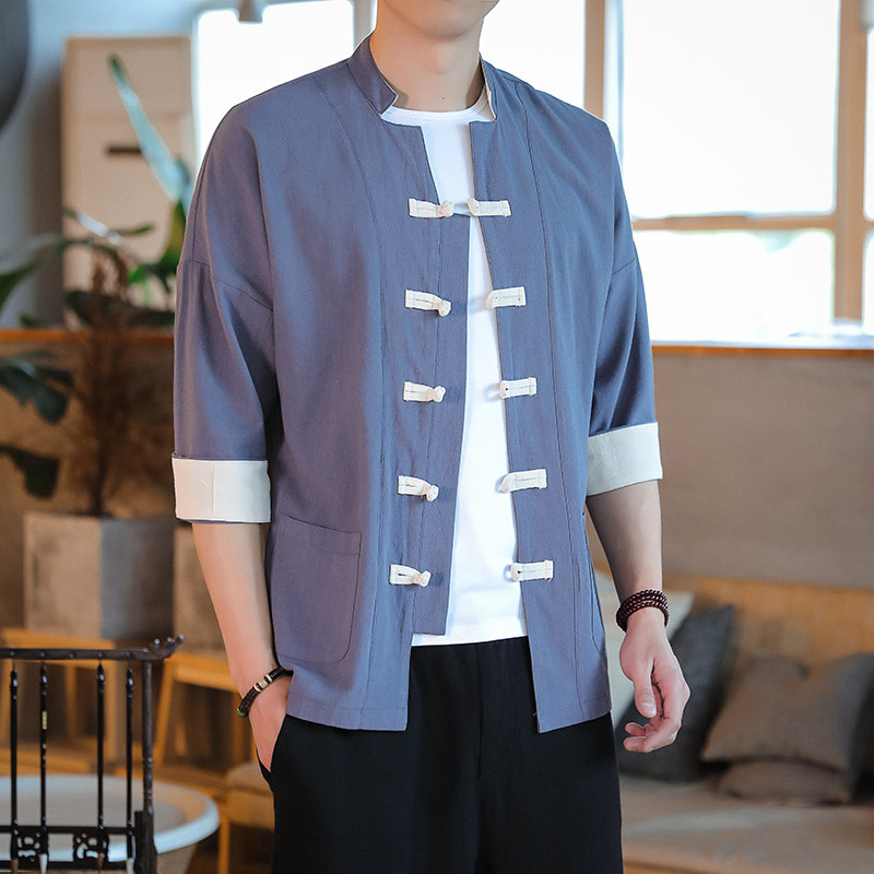 T915*古风盘扣撞色唐装茶服中袖衬衫居仕服纯色禅服*P55,男装衬衫,星座1516（原B303）