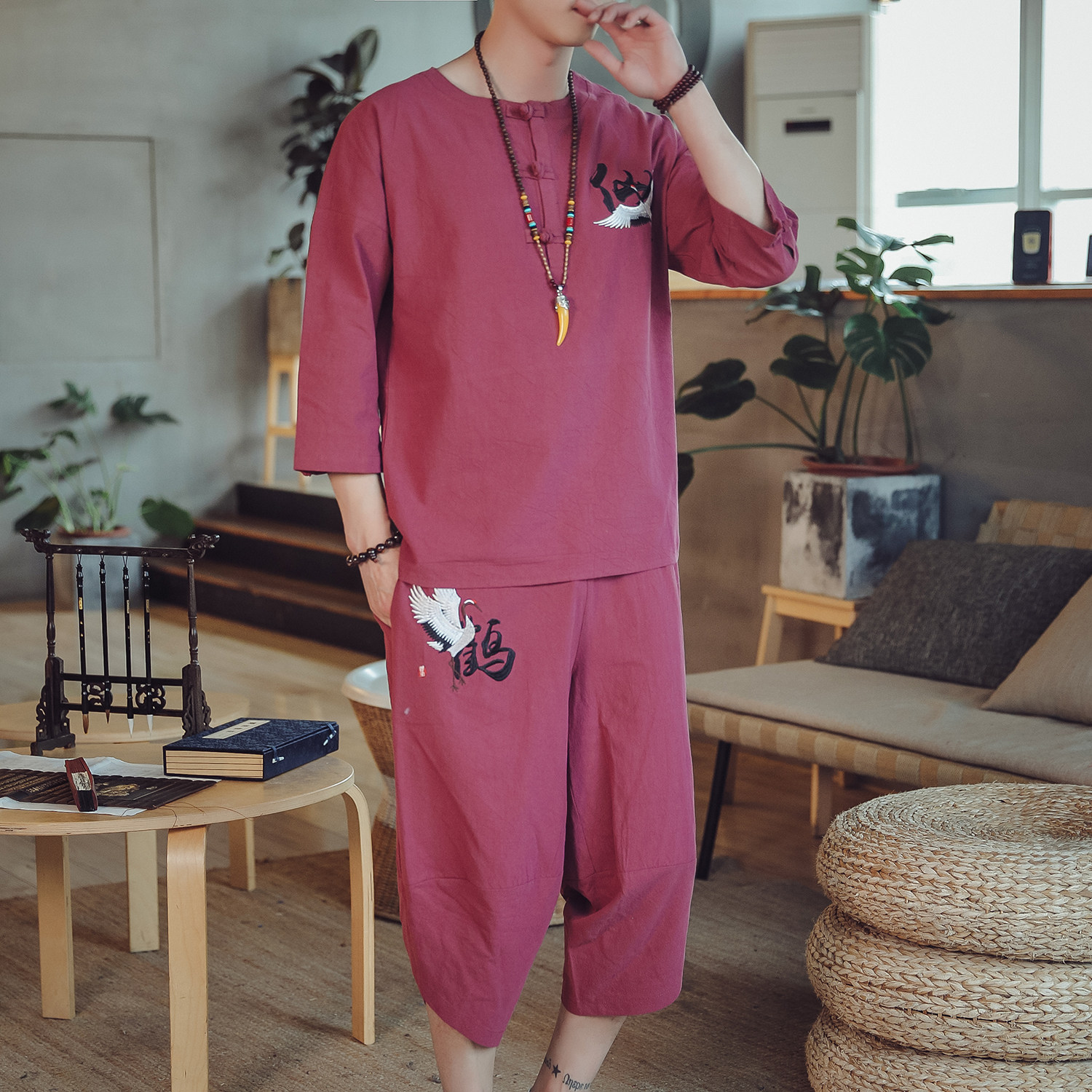 DY23*潮男士棉麻五分短袖T恤套装仙鹤两件套装男灰蓝*,男装T恤,星座1516（原B303）
