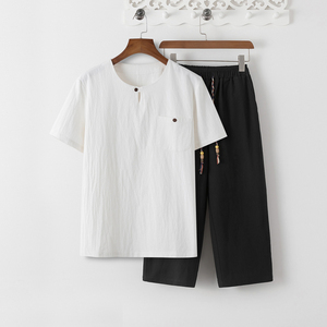 8086* 夏季风唐装禅服棉麻短袖古风透气T恤套装男居仕服 *P55图片