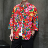 T921*东北大花中袖衬衫风复古唐装汉服衬衣新中式男装*P38，男装衬衫，星座1516（原B303）