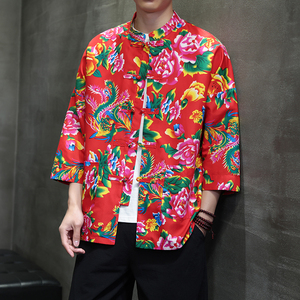 T921* 东北大花中袖衬衫风复古唐装汉服衬衣新中式男装 *P38,男装衬衫,星座1516（原B303）