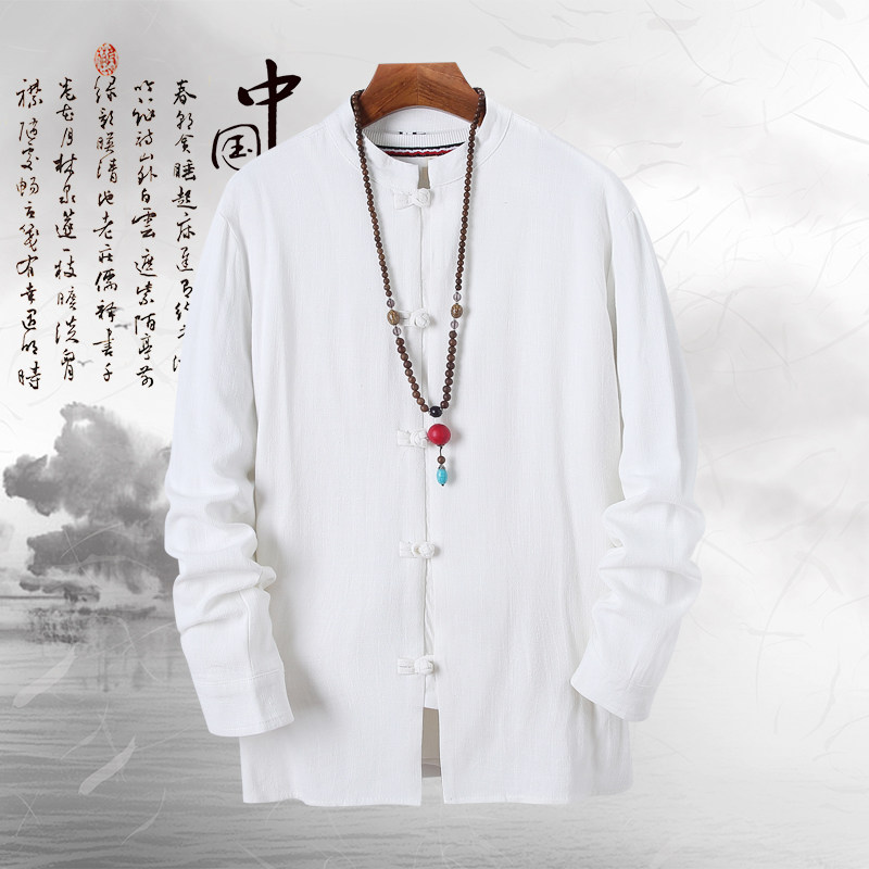T92*风古风棉麻男麻料长袖盘扣立领衬衫居仕服汉服*P55,男装衬衫,星座1516（原B303）