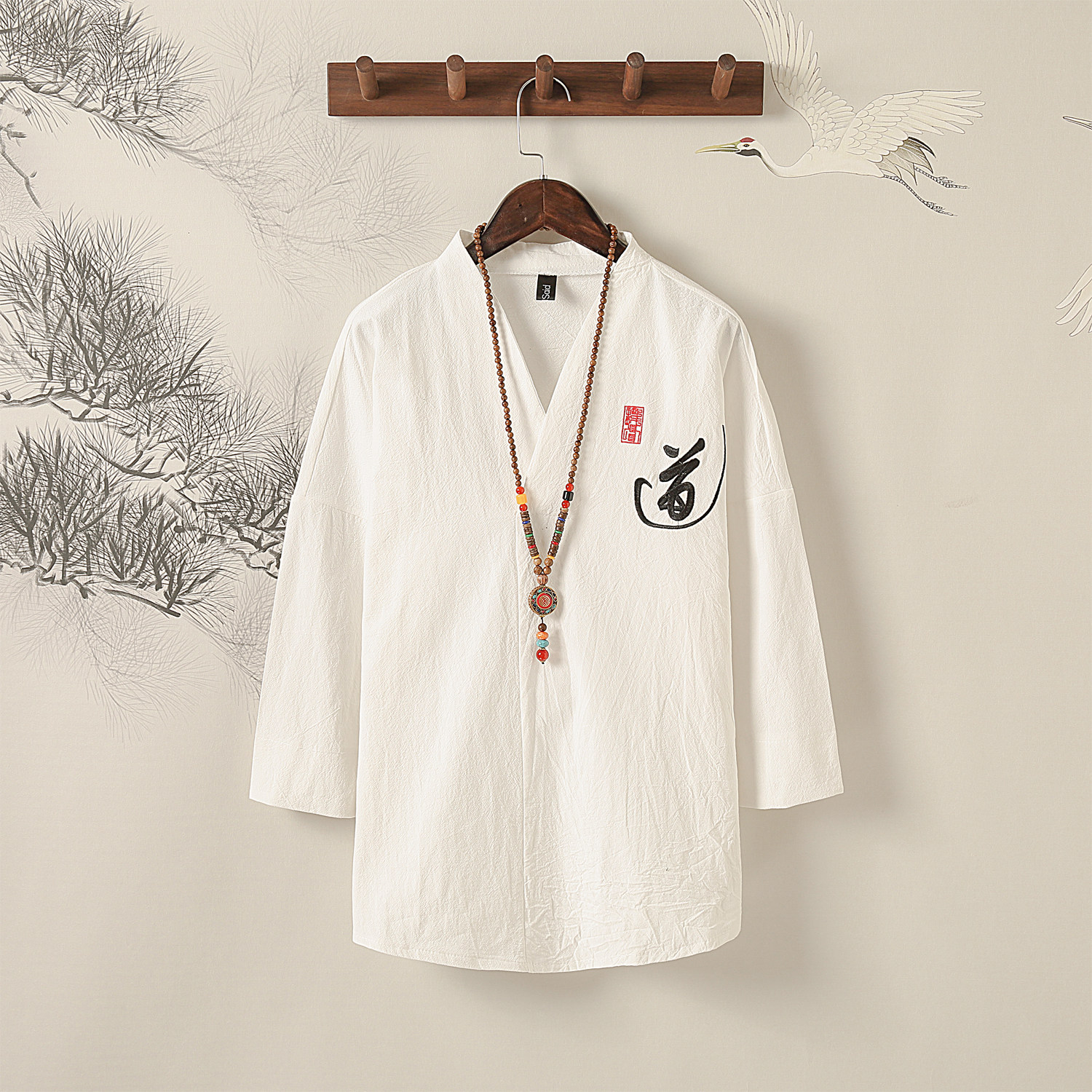 T89*夏季风禅服道字绣花棉麻中袖T恤男古风居士服*P45,男装T恤,星座1516（原B303）