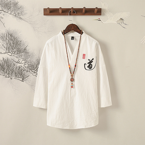 T89* 夏季风禅服道字绣花棉麻中袖T恤男古风居士服 *P45图片