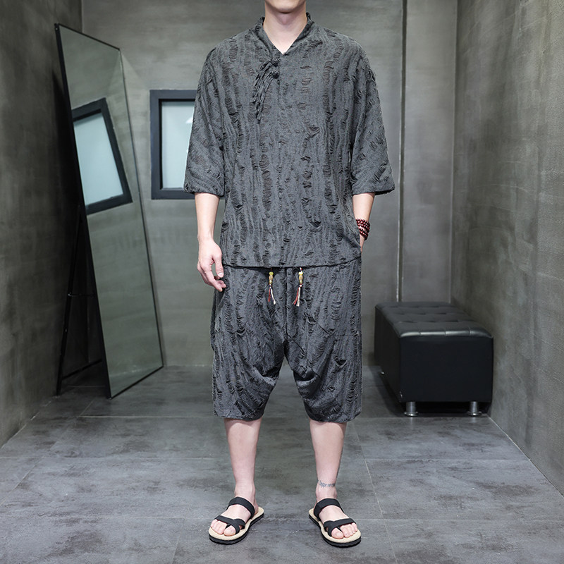 DY50*风中袖唐装汉服宽松透气镂空复古潮流盘扣套装*P75,男装休闲套装,星座1516（原B303）