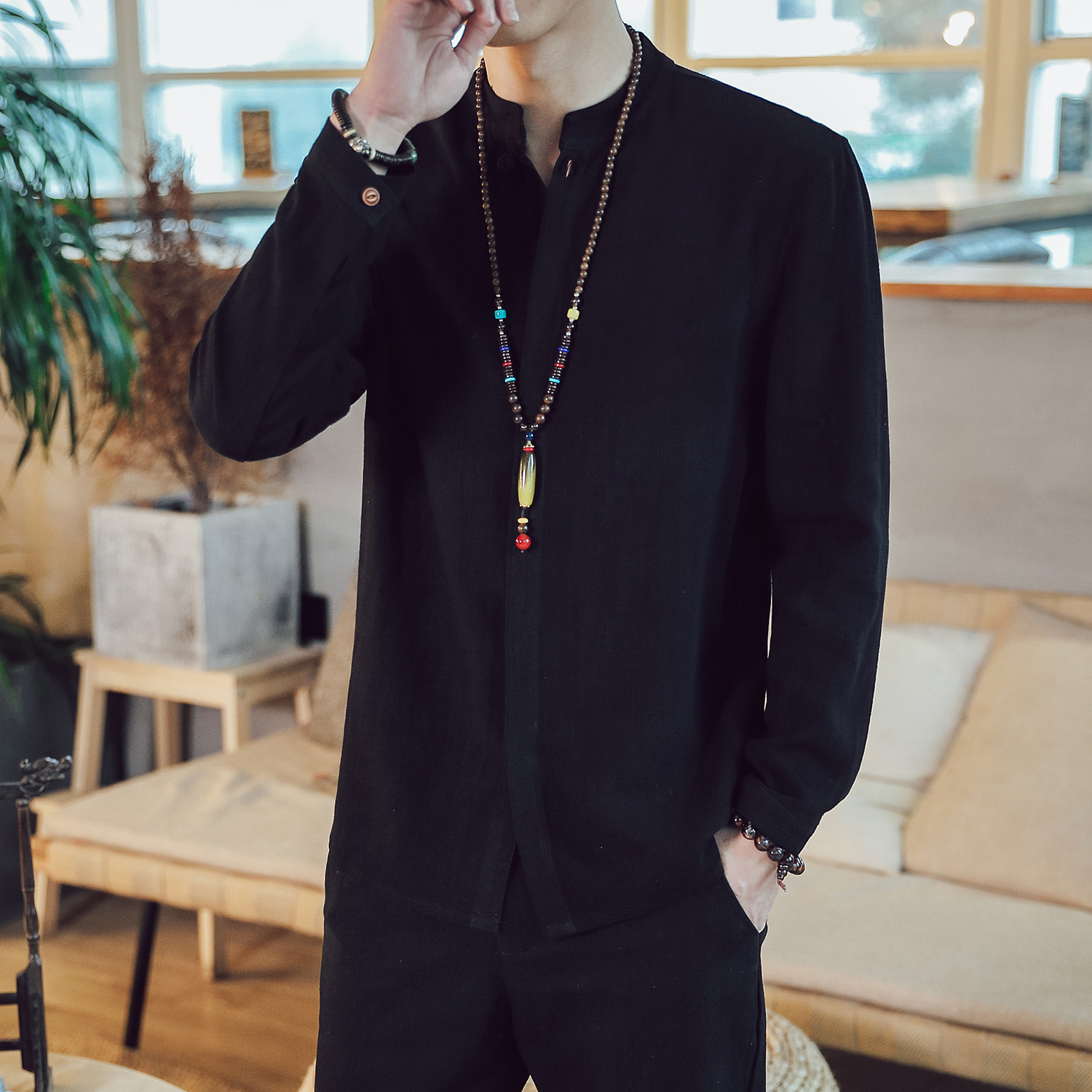 T90*古风长袖衬衫立领禅服居仕服风盘扣棉麻衬衫男*P55,男装衬衫,星座1516（原B303）