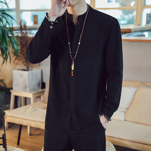 T90* 古风长袖衬衫立领禅服居仕服风盘扣棉麻衬衫男  *P55图片