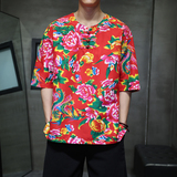 T923*风复古东北大花布中袖棉质大码古风T恤男*P28，男装T恤，星座1516（原B303）